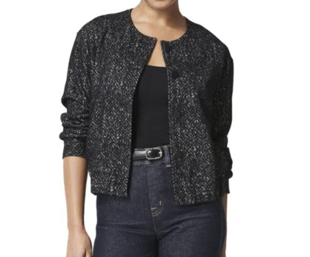 Spanx Herringbone Ponte Knit Bomber Jacket Black Women's Size Large EUC $248
